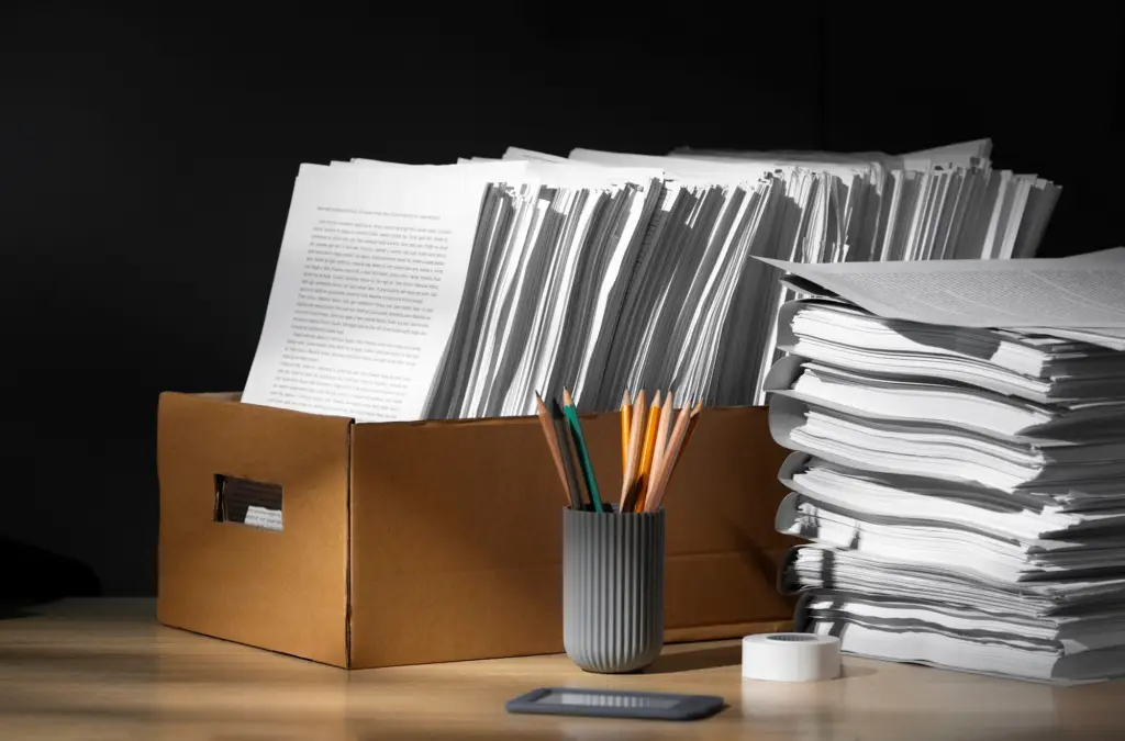 Archiefdoos en stapels documenten op een bureau