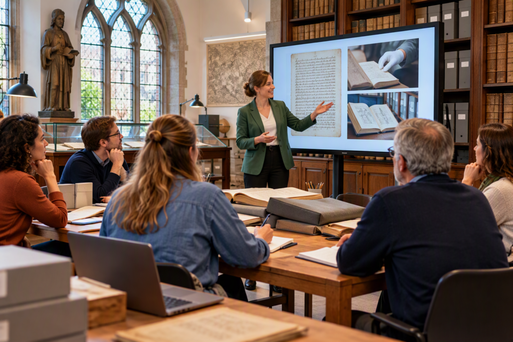 Presentatie over kerkelijk archiefbeheer tijdens een voorlichtingsbijeenkomst