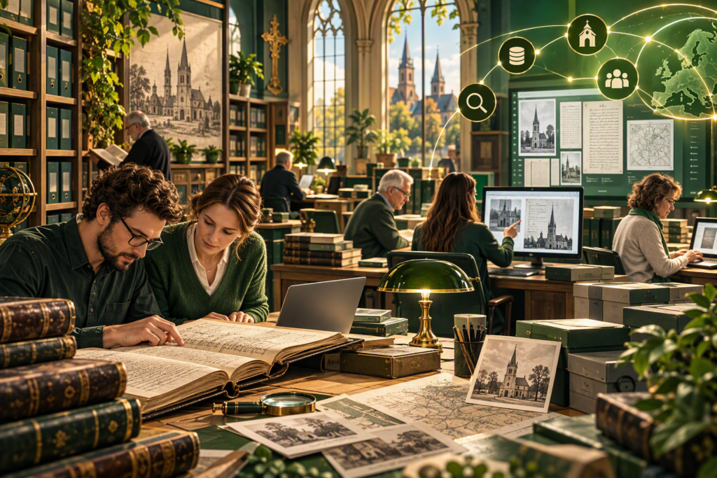 Onderzoekers bestuderen kerkelijke archiefstukken in een historische bibliotheek