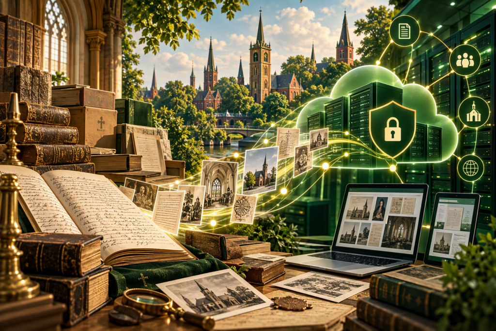 Oude kerkboeken en archiefdozen met een beveiligd digitaal archief op de achtergrond