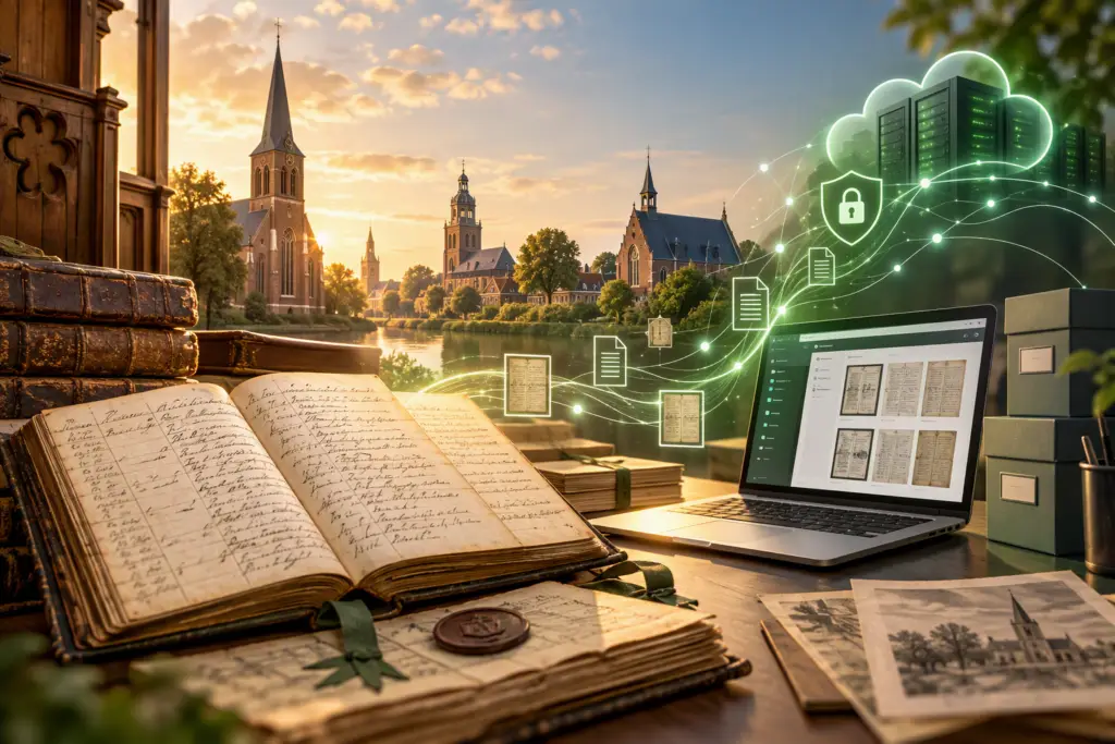 Opengeslagen historisch kerkregister naast een laptop met gedigitaliseerde archiefstukken