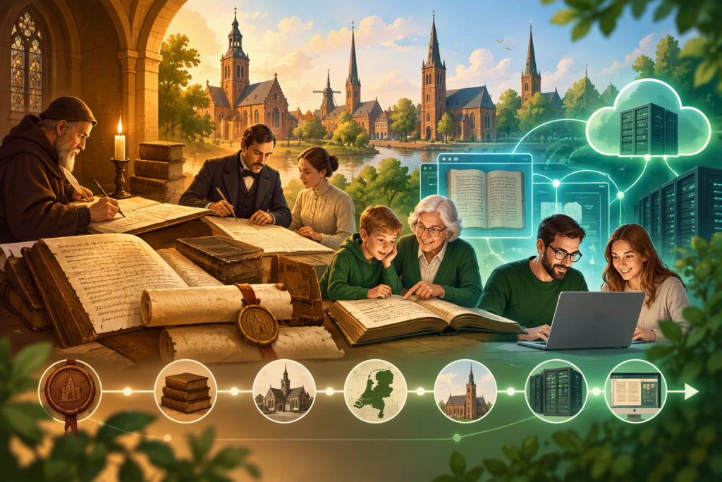 Generaties kerkleden bestuderen samen oude archiefstukken, van handschrift tot digitaal archief