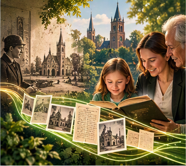 Familie bekijkt oude kerkboeken en foto's: het kerkelijk geheugen bewaren voor morgen