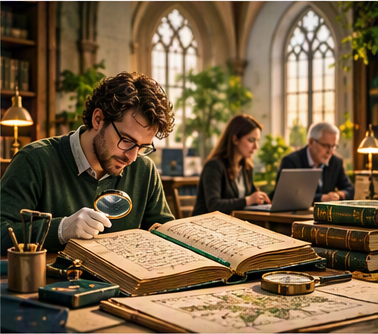 Onderzoeker bestudeert met een vergrootglas een oud kerkelijk archiefstuk