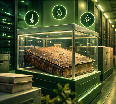 Historisch kerkboek in een klimaatgecontroleerde vitrine voor duurzame opslag